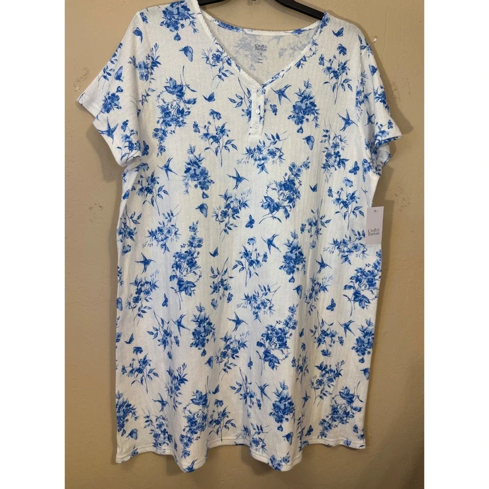Croft & Barrow Nightgown Women 1X Blue Floral Hummingbird Henley Sleep Shirt NEW